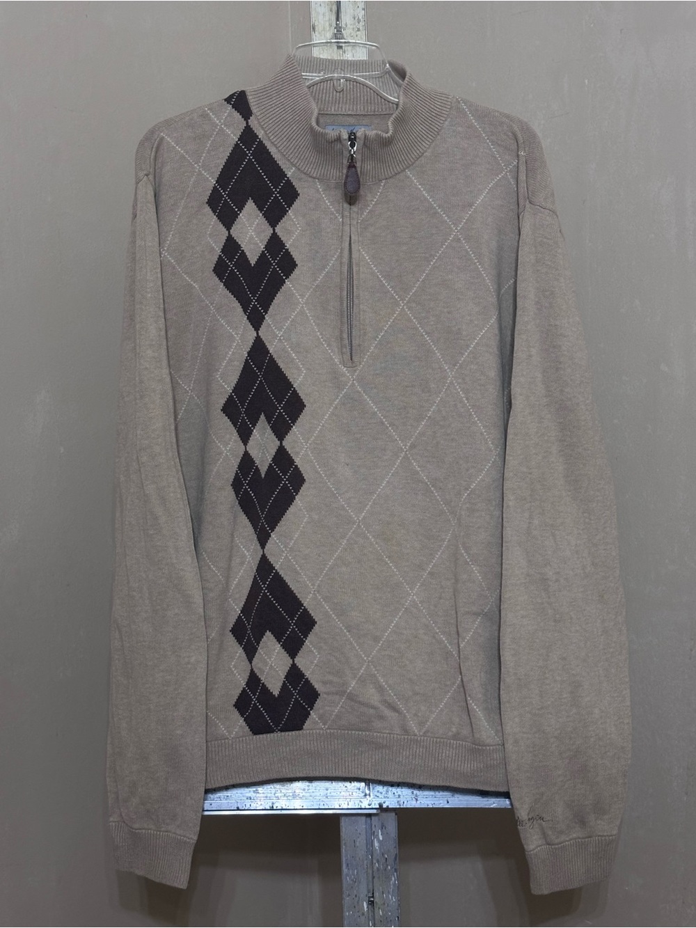 Walter Hagen Men's Quarter Zip Golf Sweater Tan Beige Argyle Diamond Pullover XL